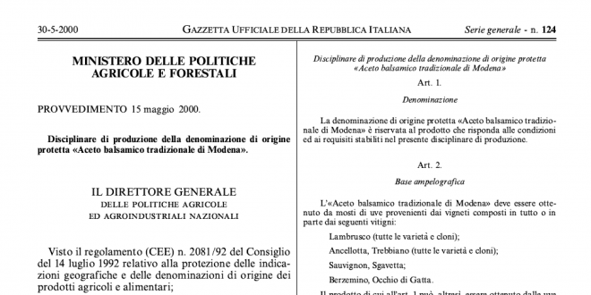 Disciplinary for the production of Traditional Balsamic Vinegar DOP
